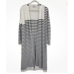 CAbi Victory Duster Longline Cardigan Sz L White Breton Striped Knit Shrug #5141